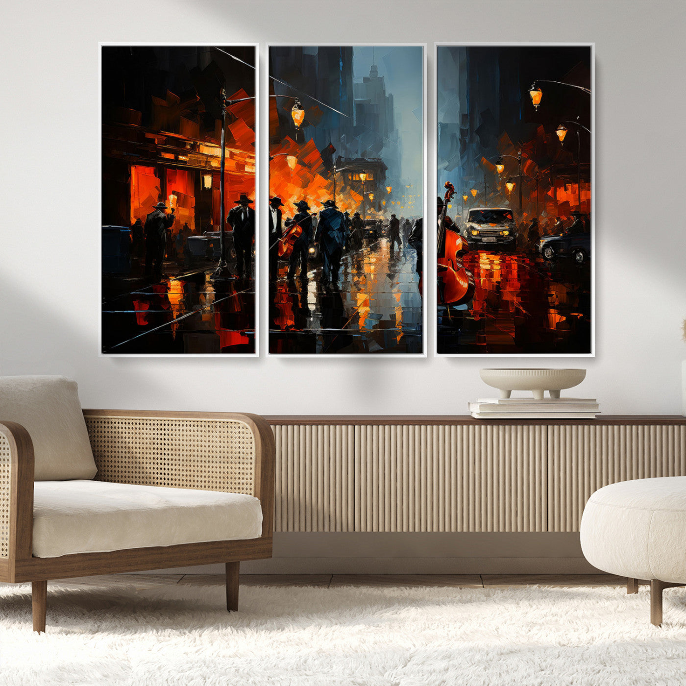 32816-MGV-CV-36X24-City Jazz Night Wall Art – Modern Abstract Urban Street Scene Canvas Print, Moody Music-Themed Decor for Living Room, Office, or