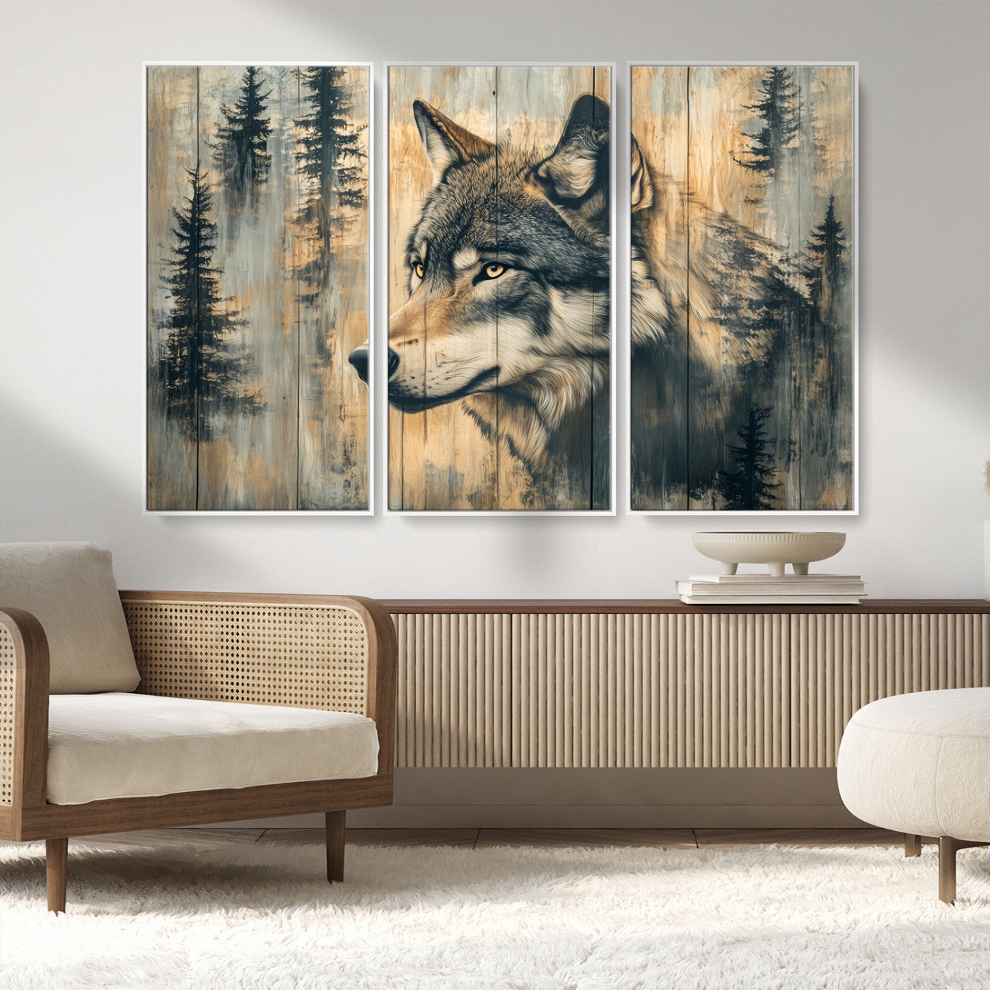 51892-MGV-FC-48X32-3P_White-Wolf Wall Art – Rustic Canvas Print of Wolf with Forest Trees on Wood Texture, Wildlife Lodge Artwork for Living Room, Bedroom,