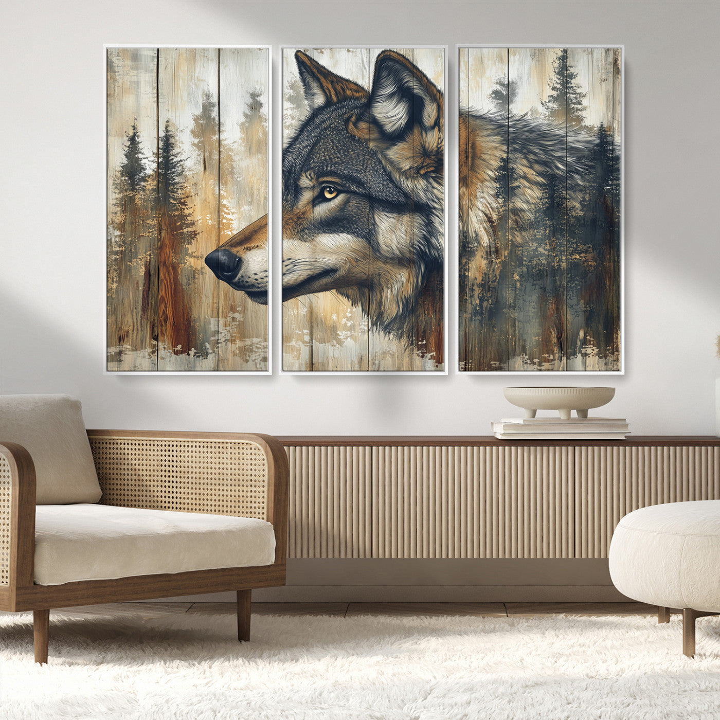 91882-MGV-CV-36X24-Wolf Wall Art – Rustic Canvas Print of Forest Wolf on Wood Background, Wildlife Lodge Artwork for Living Room, Bedroom, Cabin, or