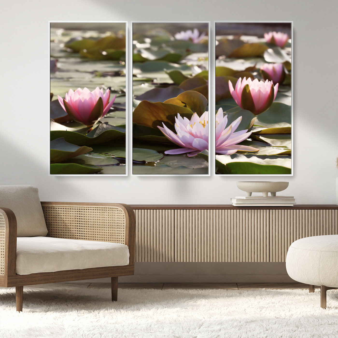 28394-MGV-FC-48X32-3P_White-Water Lily Pond Wall Art – Pink Lotus Flowers Canvas Print with Green Lily Pads, Peaceful Botanical Artwork for Living Room,