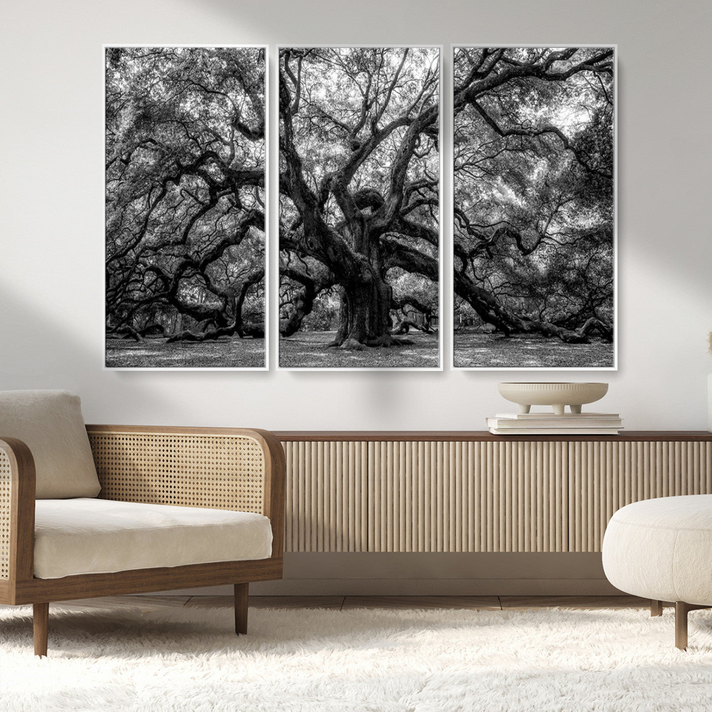 132944706-MGV-FC-48X32-3P_White-Ancient Tree Wall Art – Black and White Photography Canvas Print Featuring Majestic Twisting Branches, Rustic Nature Artwork for