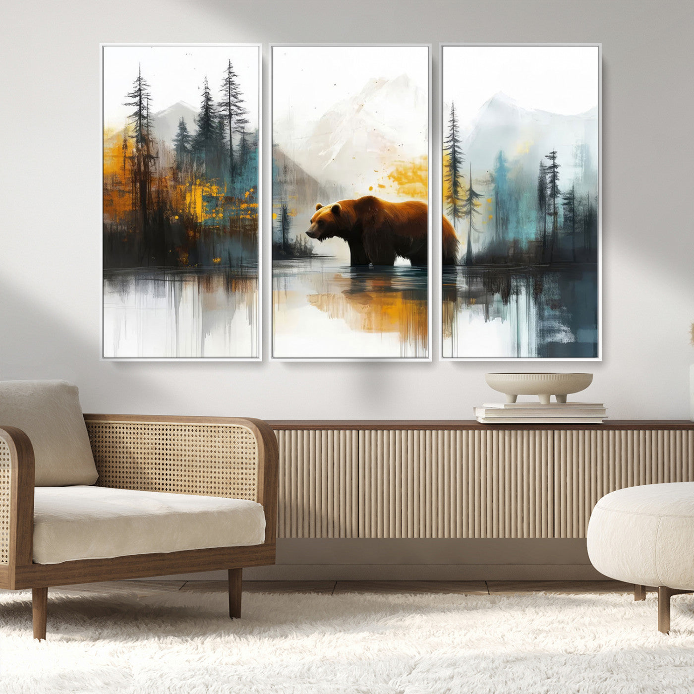 50308-MGV-FC-48X32-3P_White-Bear Wilderness Wall Art – Mountain Forest Canvas Print, Rustic Cabin Decor with Wildlife Landscape, Nature Artwork for Lodge,