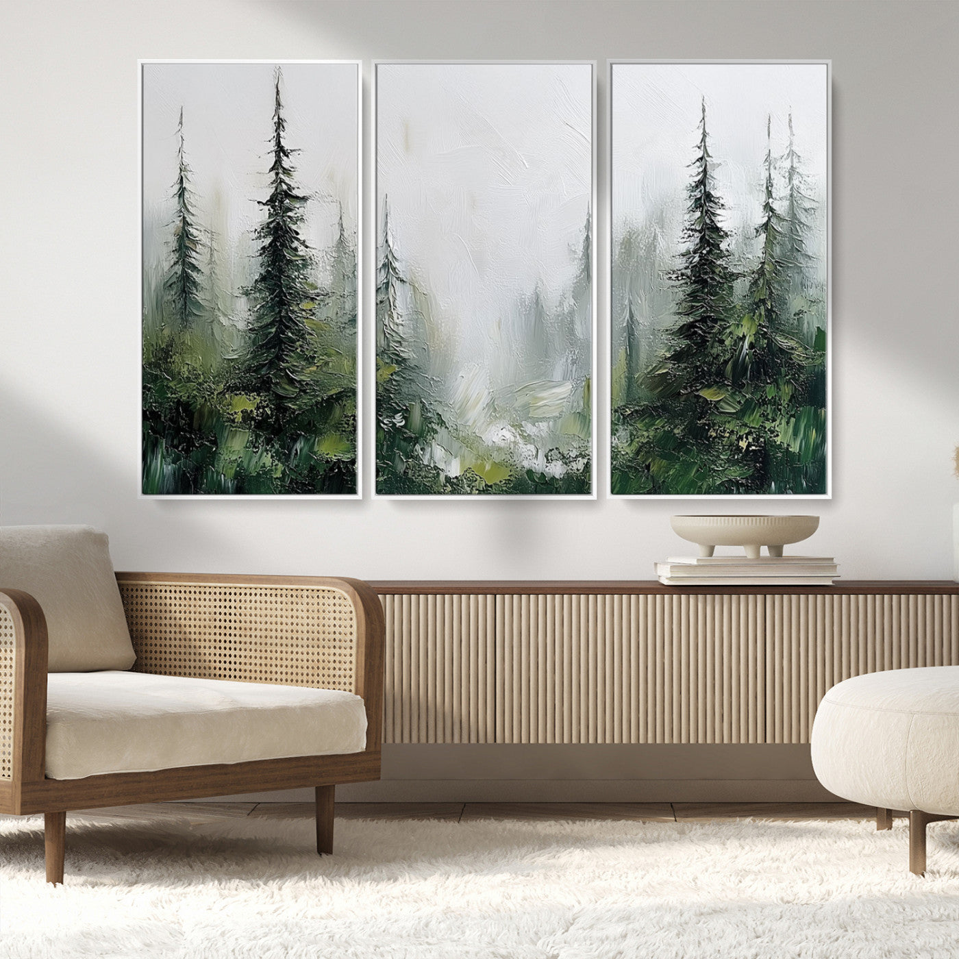 76014-MGV-FC-48X32-3P_White-Forest Wall Art – Textured Canvas Print Featuring Misty Evergreen Pines and Woodland Landscape, Rustic Nature Artwork for Living