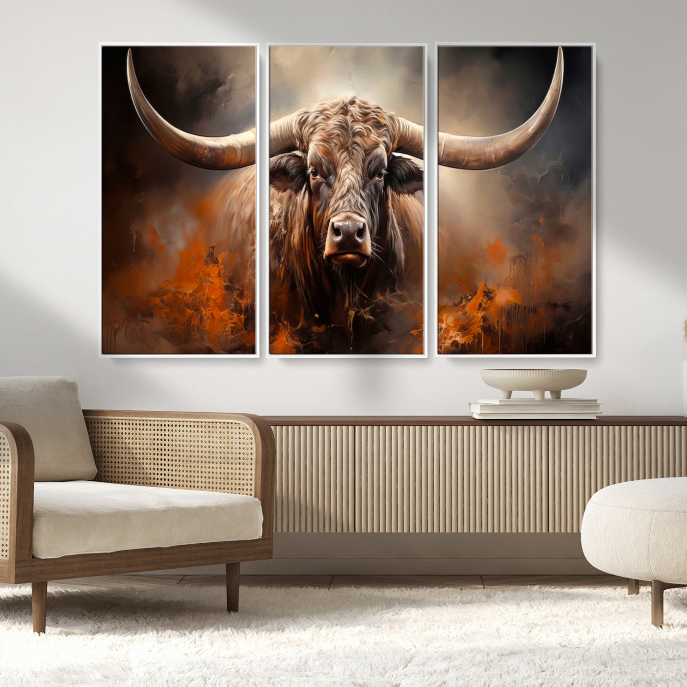 240479-MGV-FC-48X32-3P_White-Longhorn Bull Wall Art – Dramatic Western Canvas Print Featuring Horned Bull with Fiery Background, Rustic Farmhouse Artwork for