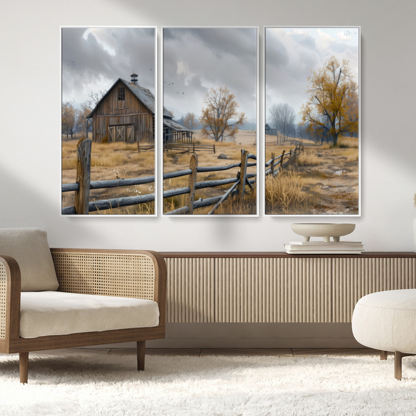 Farm1-MGV-CV-36X24-Rustic Autumn Farmhouse Wall Art – Serene Countryside Scene Canvas Print, Weathered Barn and Autumn Trees Decor for Living Room,