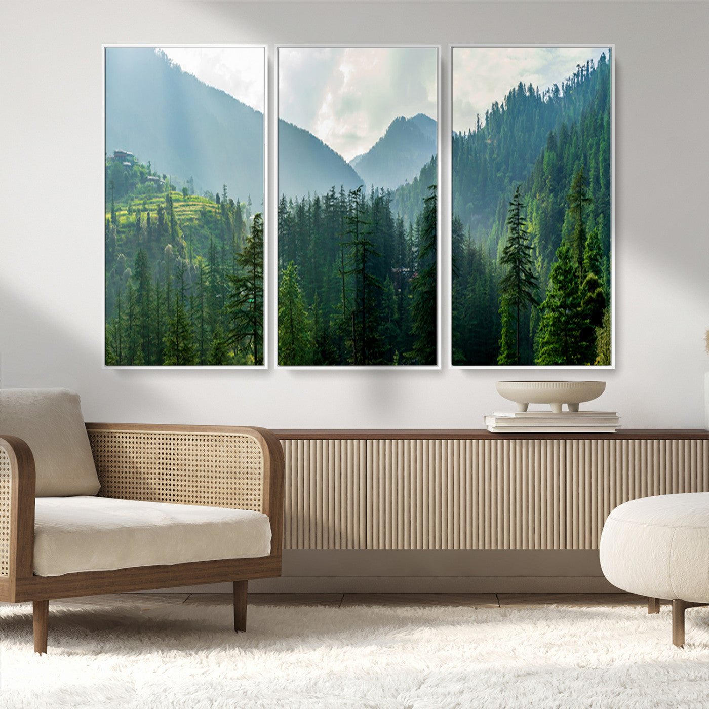 83417191-MGV-CV-36X24-Misty Mountain Forest Wall Art – Pine Tree Landscape Canvas Print, Nature Photography Panorama, Tranquil Green Forest Décor for