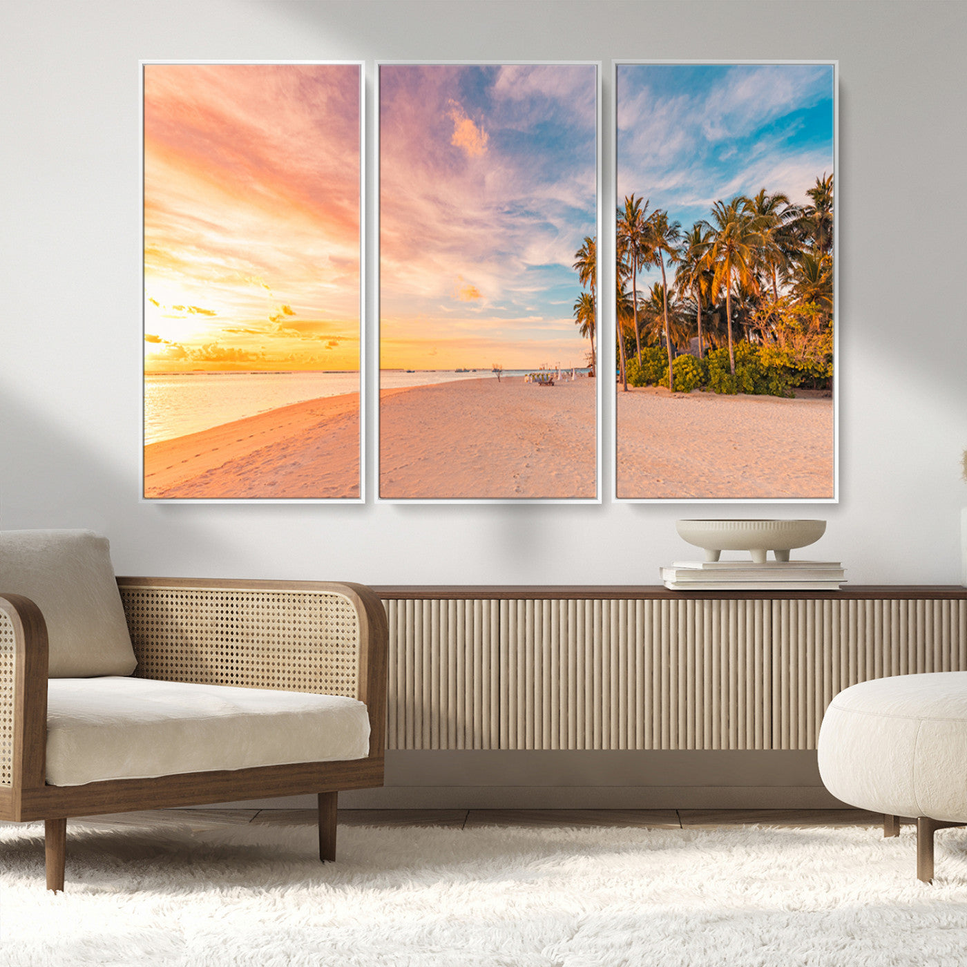 41542880-MGV-FC-48X32-3P_White-Tropical Beach Wall Art Canvas Print, Framed Palm Trees Art Picture Print, Sunset Shore Perfect Tropical Coastal Decor Artwork