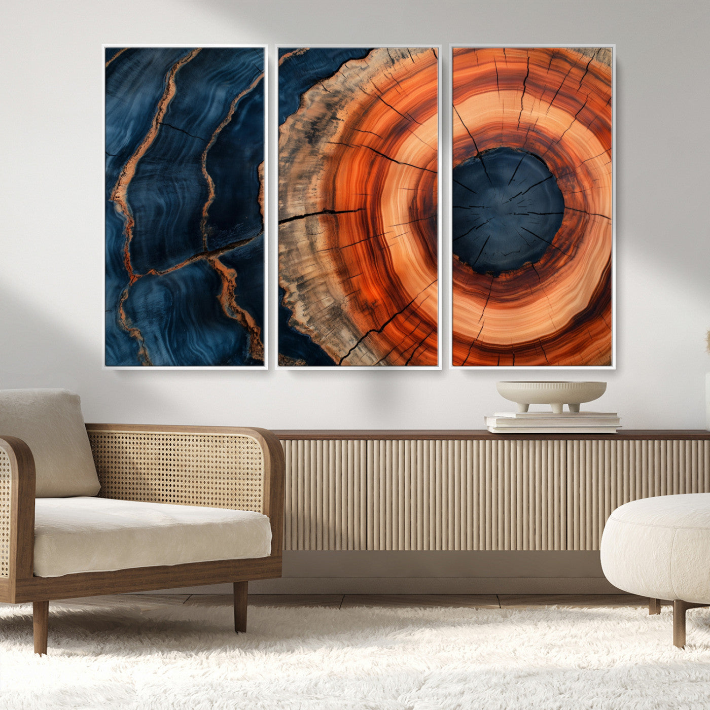 41123192-MGV-CV-36X24-Tree Ring Canvas Wall Art – Abstract Blue Orange Wood Grain Print, Rustic Modern Nature Artwork for Living Room, Bedroom, Office