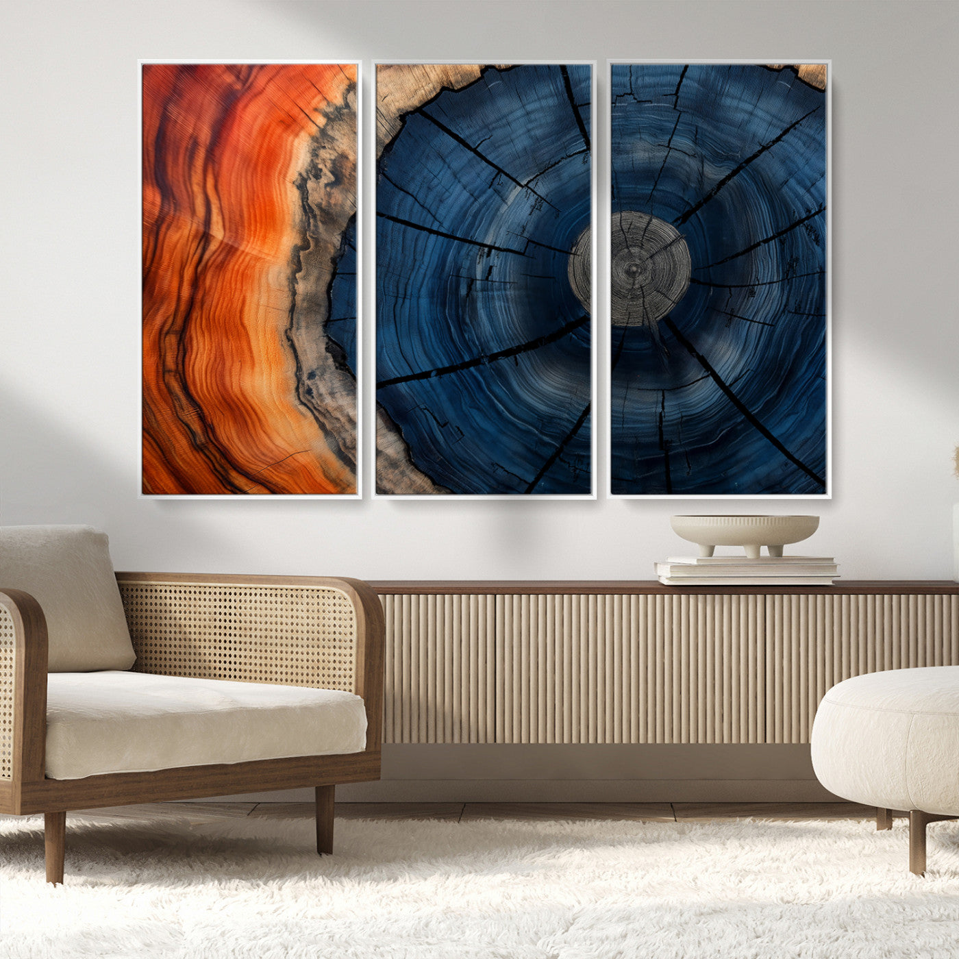 26110607-MGV-CV-36X24-Blue and Orange Tree Ring Wall Art – Abstract Wood Cross Section Canvas Print, Modern Rustic Nature Decor for Living Room, Office,