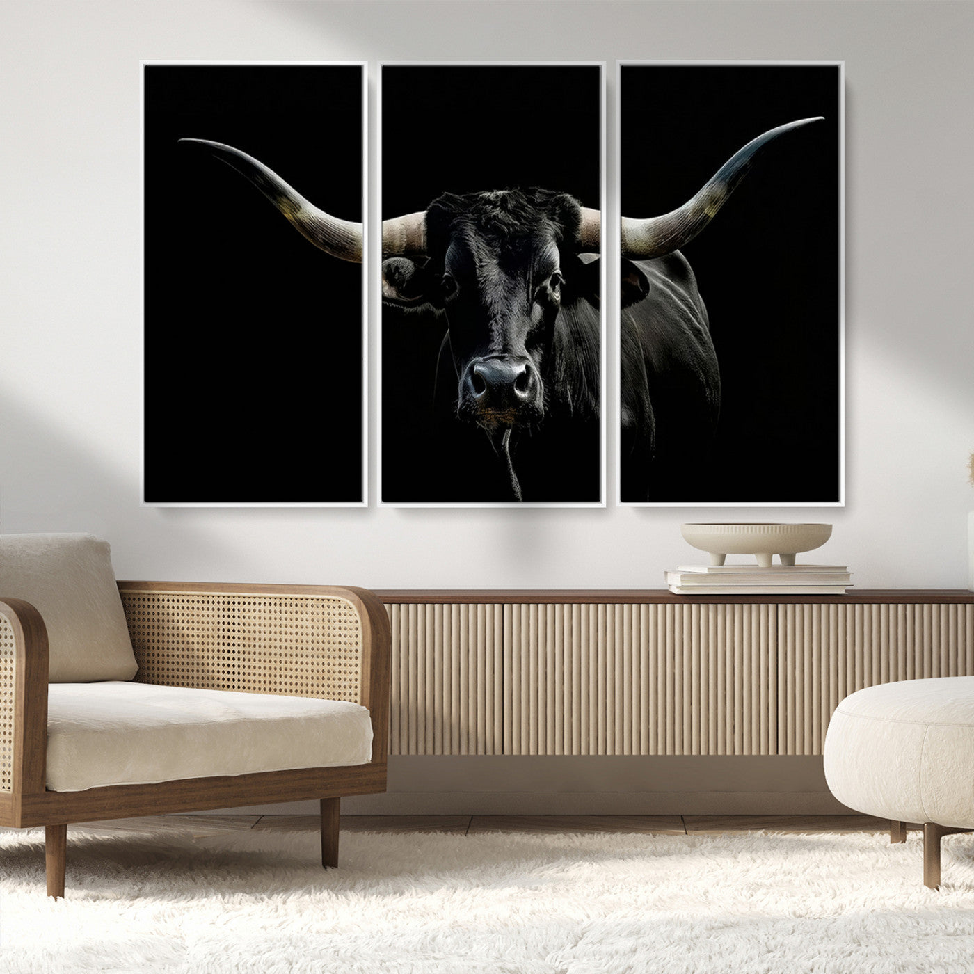 37531960-MGV-CV-36X24-Black Longhorn Bull Wall Art – Dramatic Western Cattle Canvas Print, Rustic Farmhouse Animal Artwork for Living Room, Bedroom,