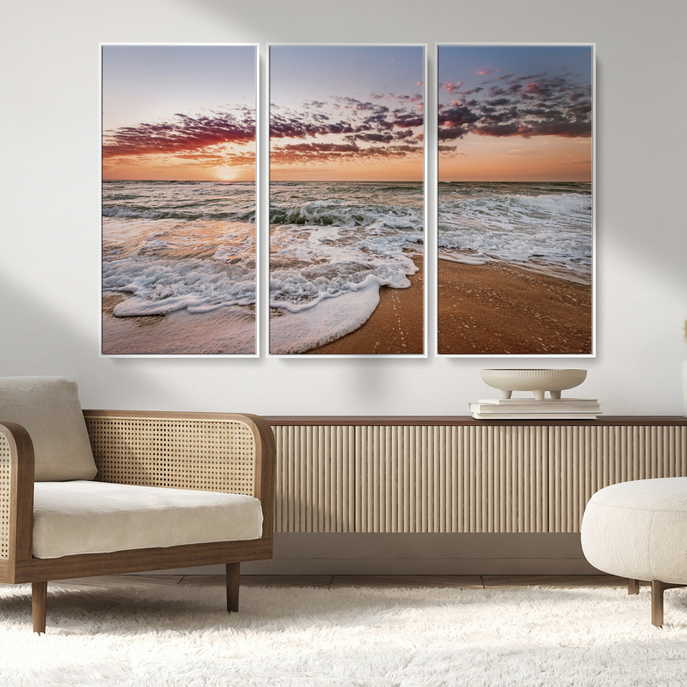 39846389-MGV-CV-36X24-Ocean Sunset Wall Art Canvas Print, Framed Sandy Shore Art Picture Print, Gentle Waves Perfect Minimalist Coastal Decor Artwork