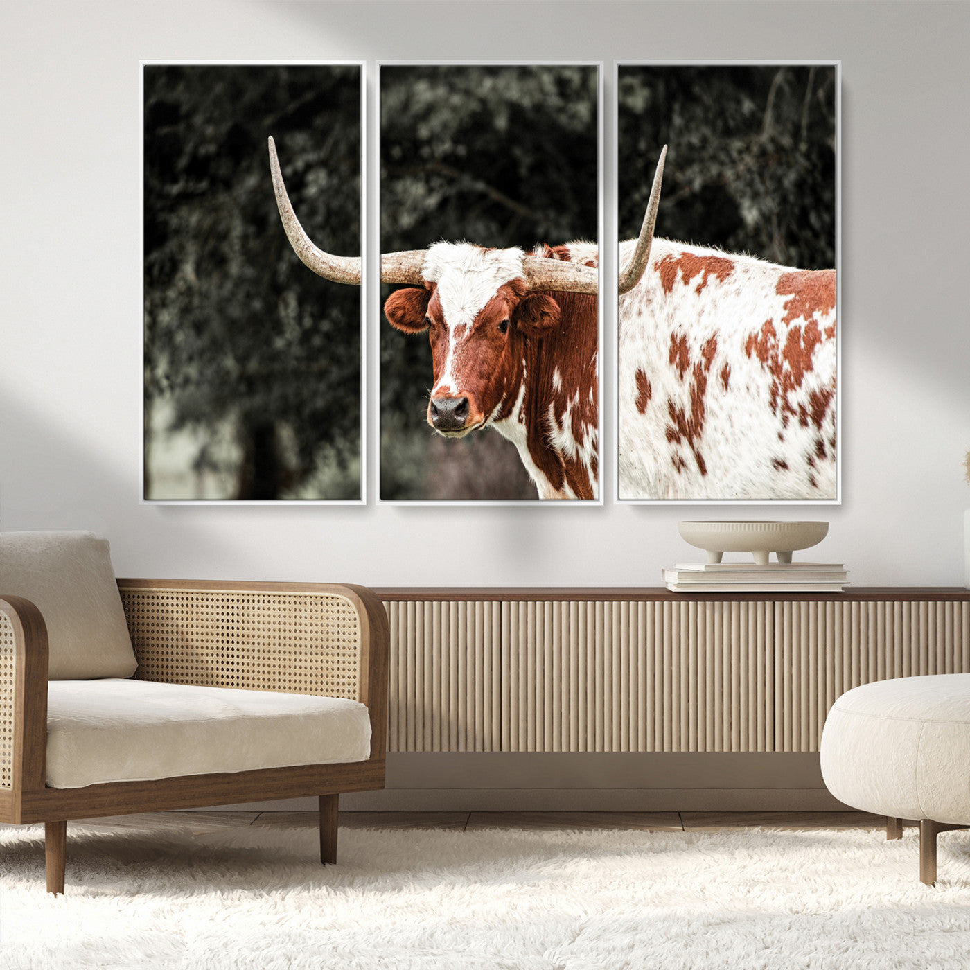 54027638-MGV-CV-36X24-Texas Longhorn Wall Art Canvas Print, Framed Spotted Cow Art Picture Print, Horned Bull Perfect Rustic Western Decor Artwork