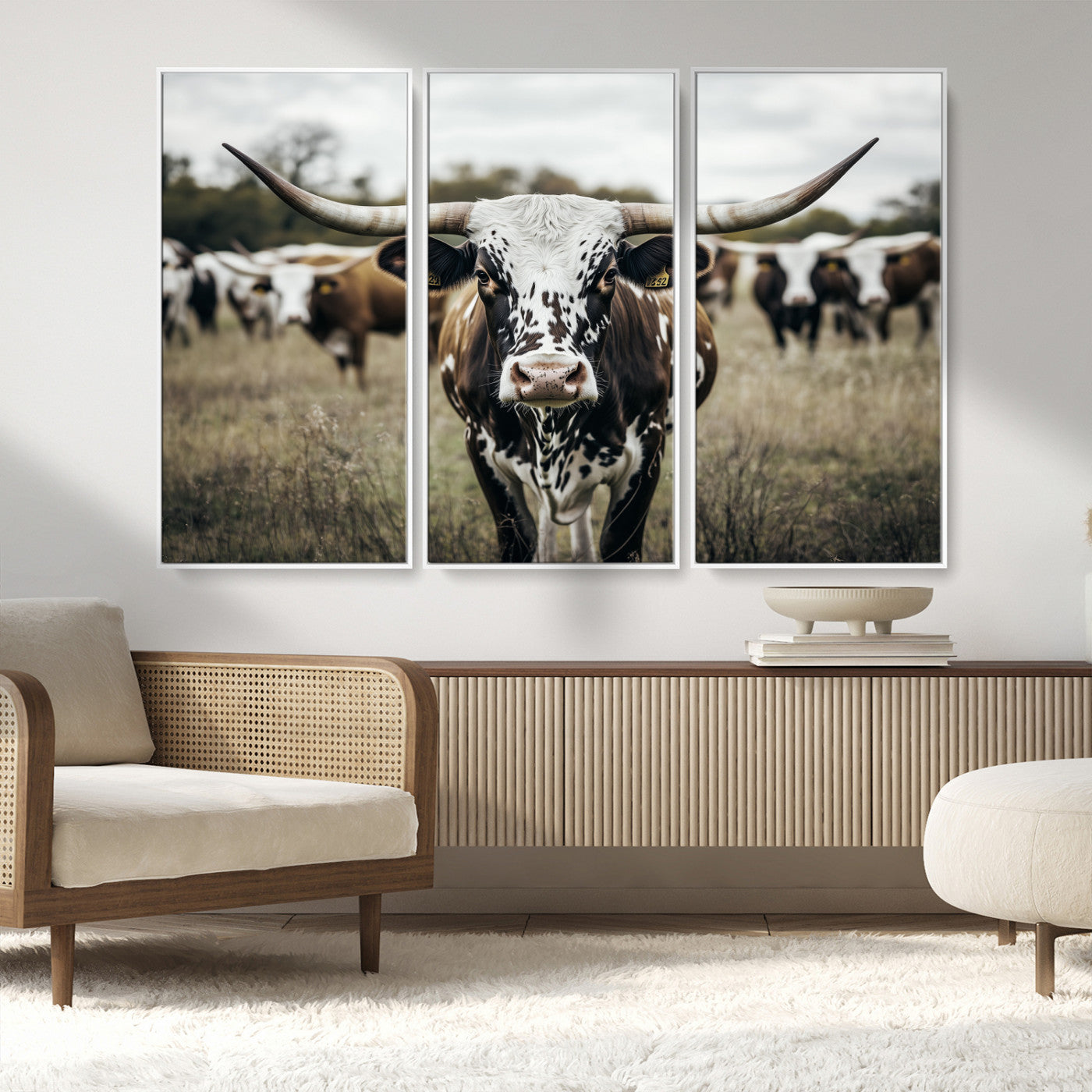 79025945-MGV-FC-48X32-3P_White-Texas Longhorn Wall Art Canvas Print, Framed Speckled Cow Art Picture Print, Horned Cattle Perfect Rustic Western Decor Artwork