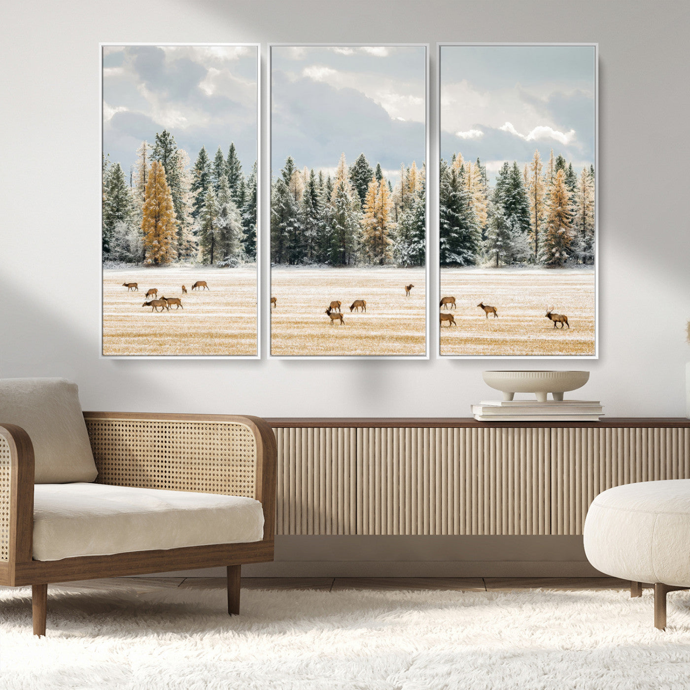 64188182-MGV-CV-36X24-Elk Herd Wall Art Canvas Print, Framed Snowy Forest Art Picture Print, Forest Elks Perfect Neutral Rustic Decor Artwork