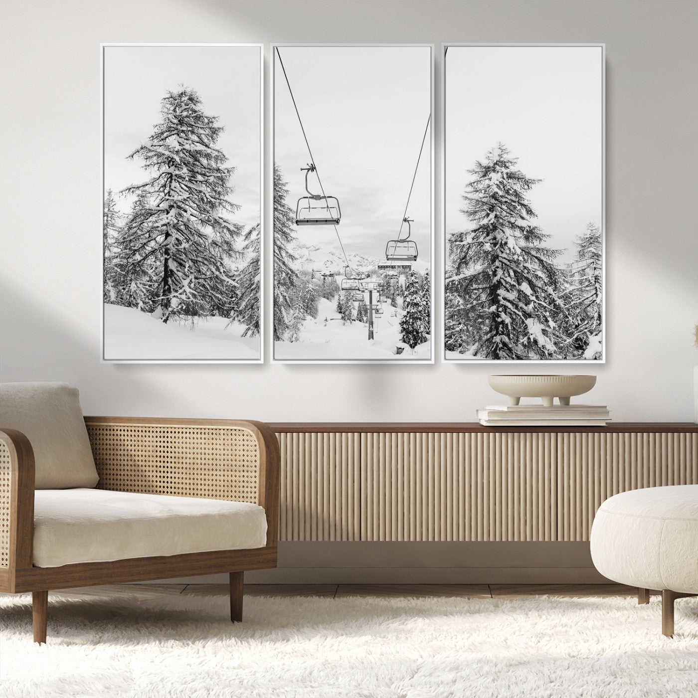 55003599-MGV-CV-36X24-Snowy Ski Lift Wall Art Canvas Print, Framed Winter Forest Art Picture Print, Ski lift Ride Perfect Winter Lodge Decor Artwork