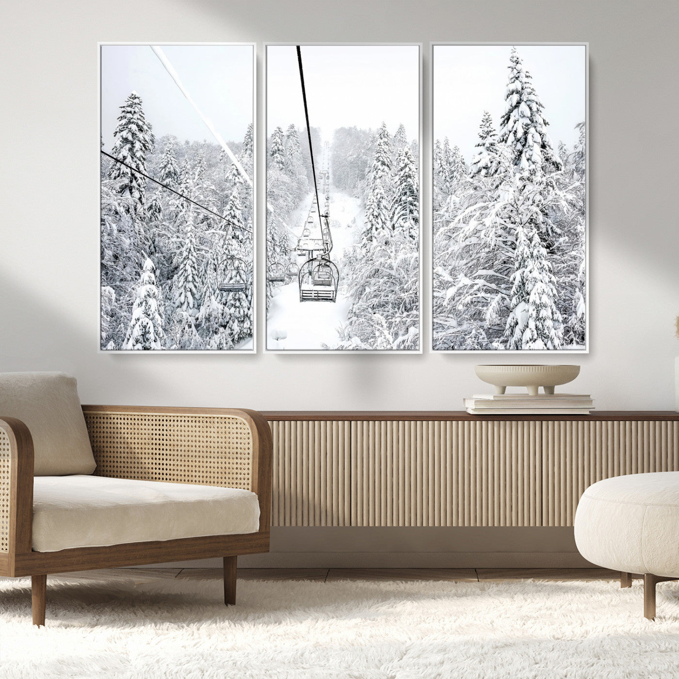 60296839-MGV-CV-36X24-Snowy Mountains Wall Art Canvas Print, Framed Ski Lift Art Picture Print, Winter Forest Perfect Winter Minimalist Decor Artwork