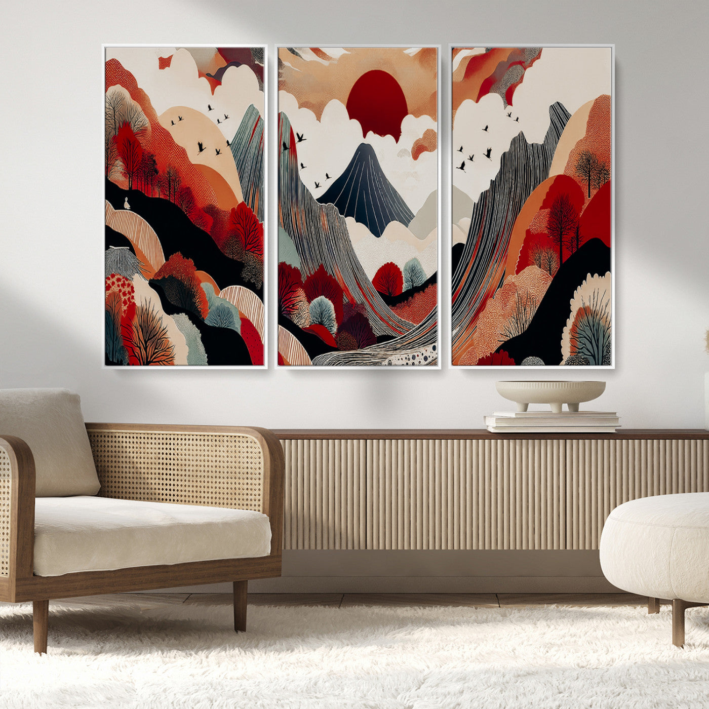 59495752-MGV-FC-48X32-3P_White-Abstract Mountain Wall Art Canvas Print, Framed Vibrant Landscape Art Picture Print, Nature Drawing Perfect Contemporary