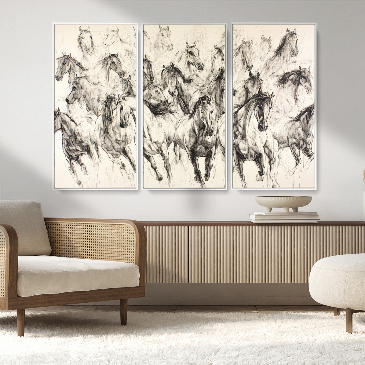 19433417-MGV-CV-36X24-Running Horses Wall Art Canvas Print, Framed Horse Sketch Art Picture Print, Galloping Herd Perfect Monochrome Western Decor