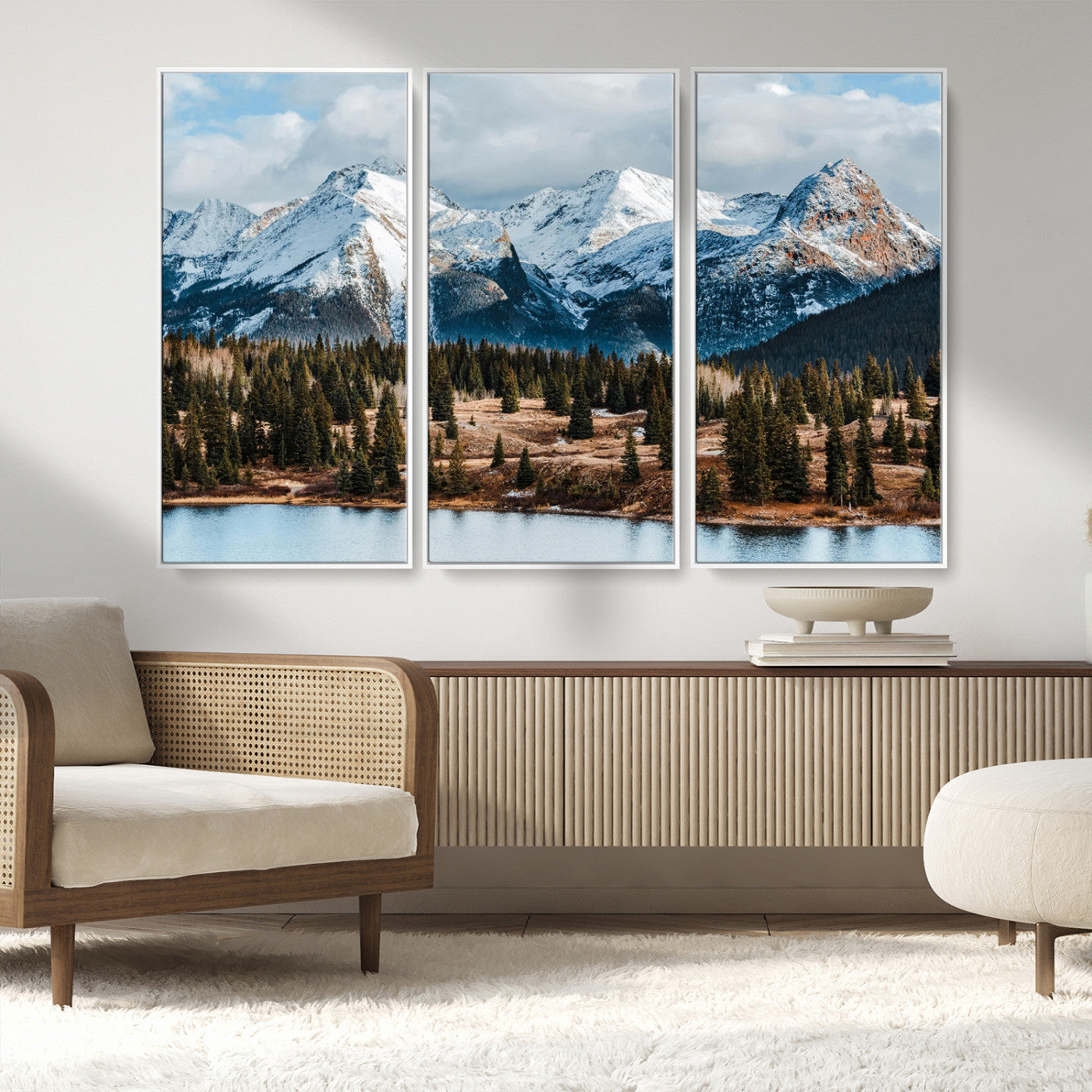36247746-MGV-FC-48X32-3P_White-Snowy Peaks Wall Art Canvas Print, Framed Alpine Lake Art Picture Print, Pine Forest Perfect Alpine Wilderness Decor Artwork