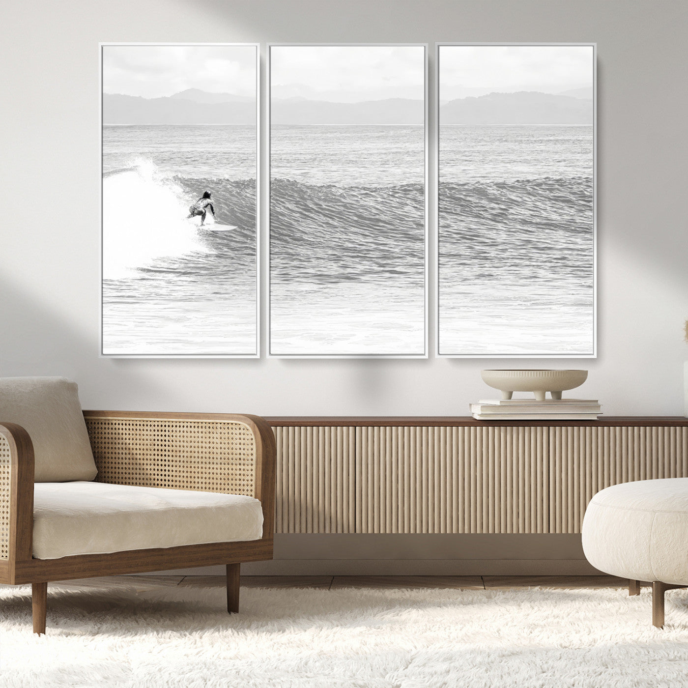 81535128-MGV-FC-48X32-3P_White-Surfer Woman Wall Art Canvas Print, Framed Black Ocean Art Picture Print, Ocean Surfing Perfect Monochrome Coastal Decor Artwork