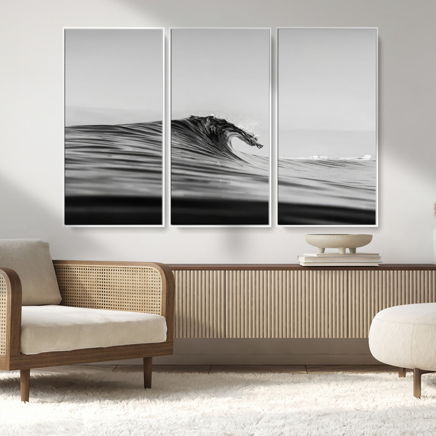 24029476-MGV-FC-48X32-3P_White-Black Wave Wall Art Canvas Print, Framed Abstract Surf Art Picture Print, Minimalist Ocean Perfect Minimalist Coastal Decor