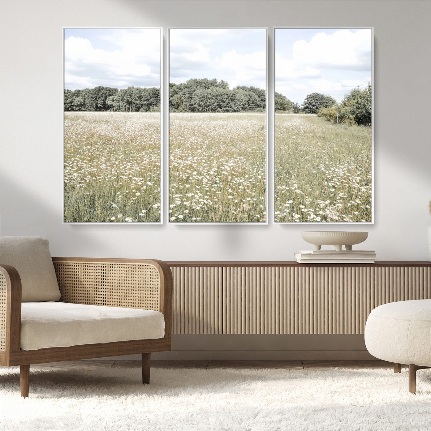 43258946-MGV-CV-36X24-Daisy Field Wall Art Canvas Print, Framed Pastel Flower Art Picture Print, Meadow Bloom Perfect Scandinavian Minimalist Decor