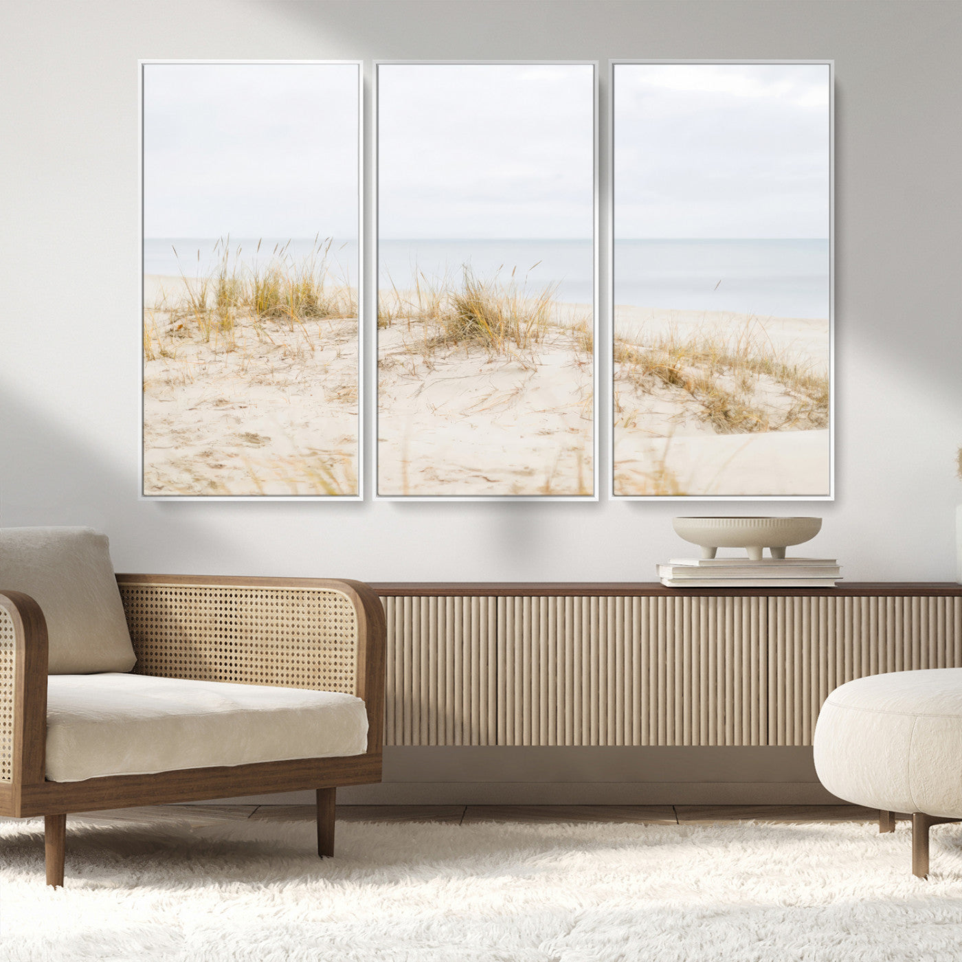 13146857-MGV-FC-48X32-3P_White-Beach Dunes Wall Art Canvas Print, Framed Soft Horizon Art Picture Print, Coastal Grass Perfect Minimalist Coastal Decor Artwork