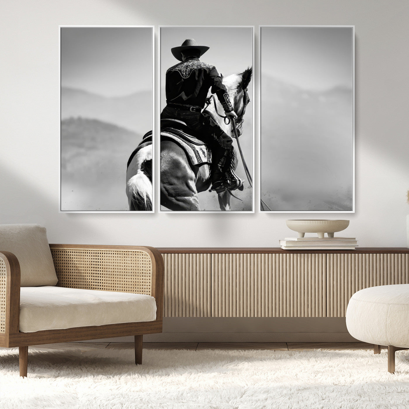 83102464-MGV-CV-36X24-Western Cowboy Wall Art Canvas Print, Framed Monochrome Horse Art Picture Print, Western Equestrian Perfect Rustic Western Decor