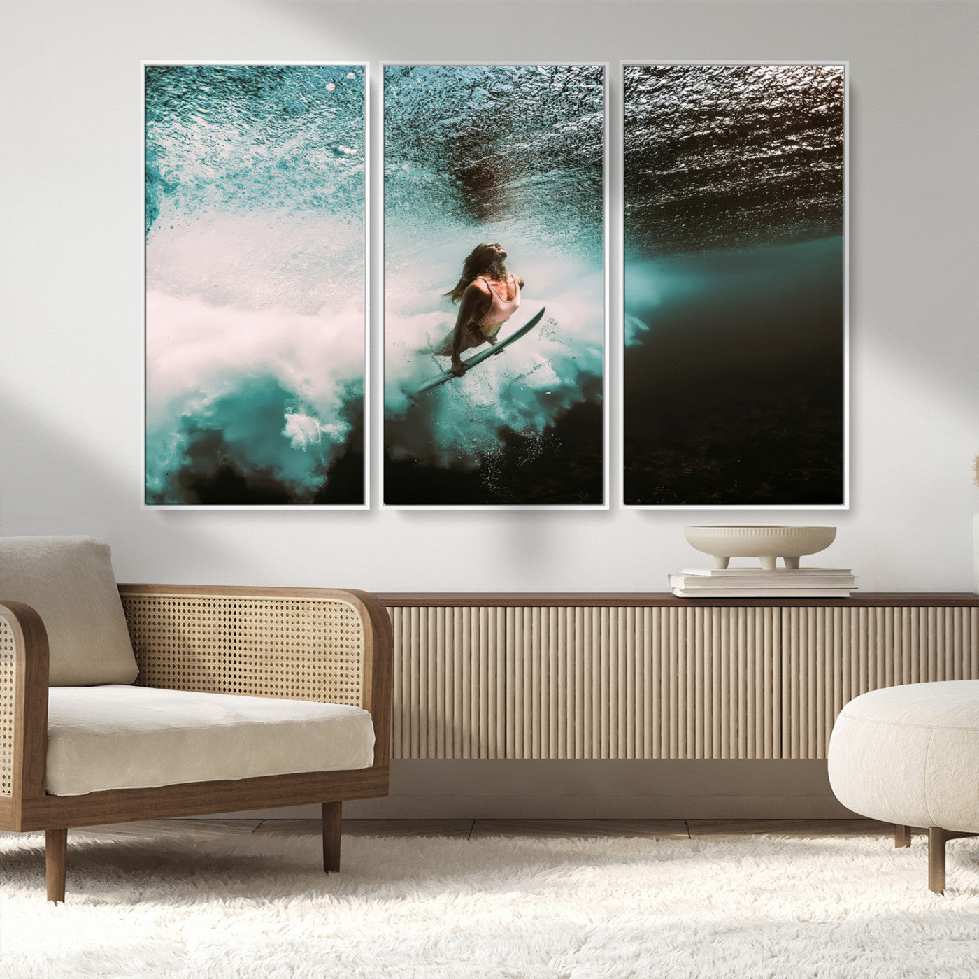 85923512-MGV-FC-48X32-3P_White-Aquatic Motion Wall Art Canvas Print, Framed Underwater Swimming Art Picture Print, Female Surfer Diving Perfect Coastal Boho