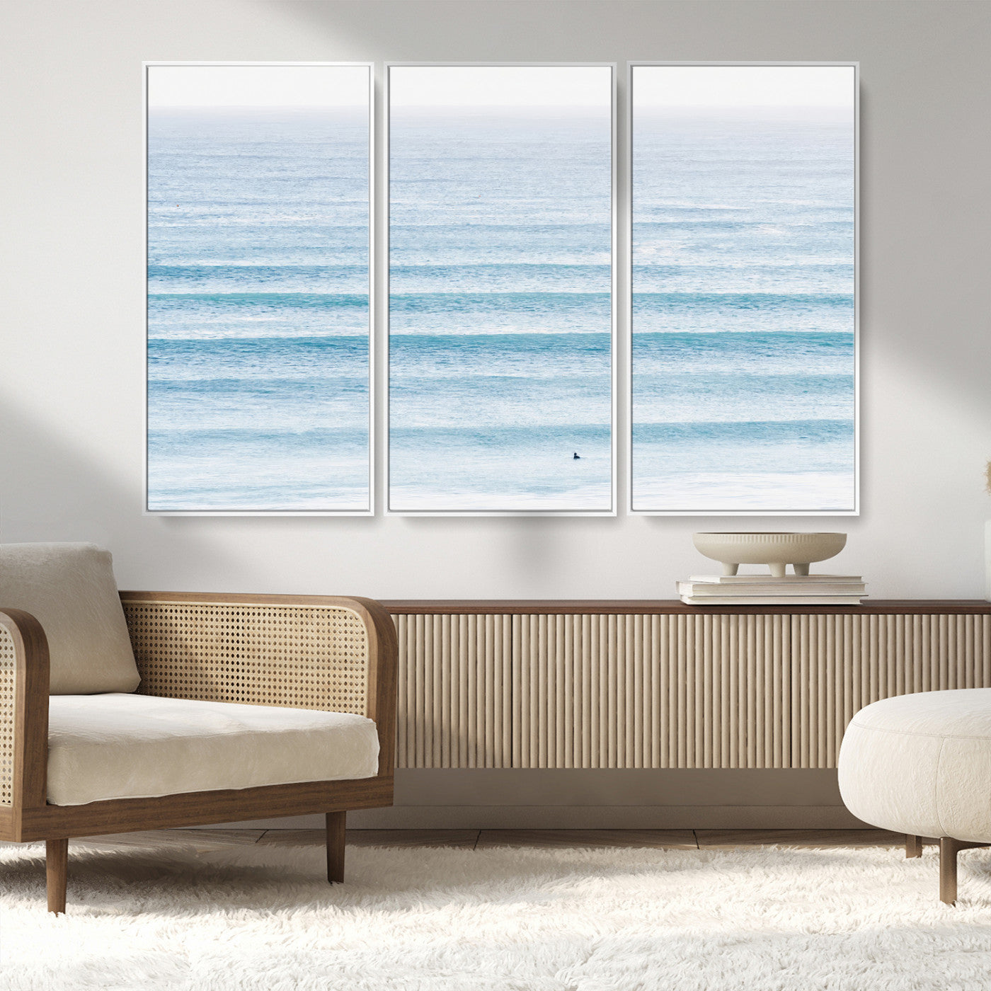 77145995-MGV-FC-48X32-3P_White-Ocean Simplicity Wall Art Canvas Print, Framed Surfer on Water Art Picture Print, Light Blue Perfect Coastal Minimalist Decor