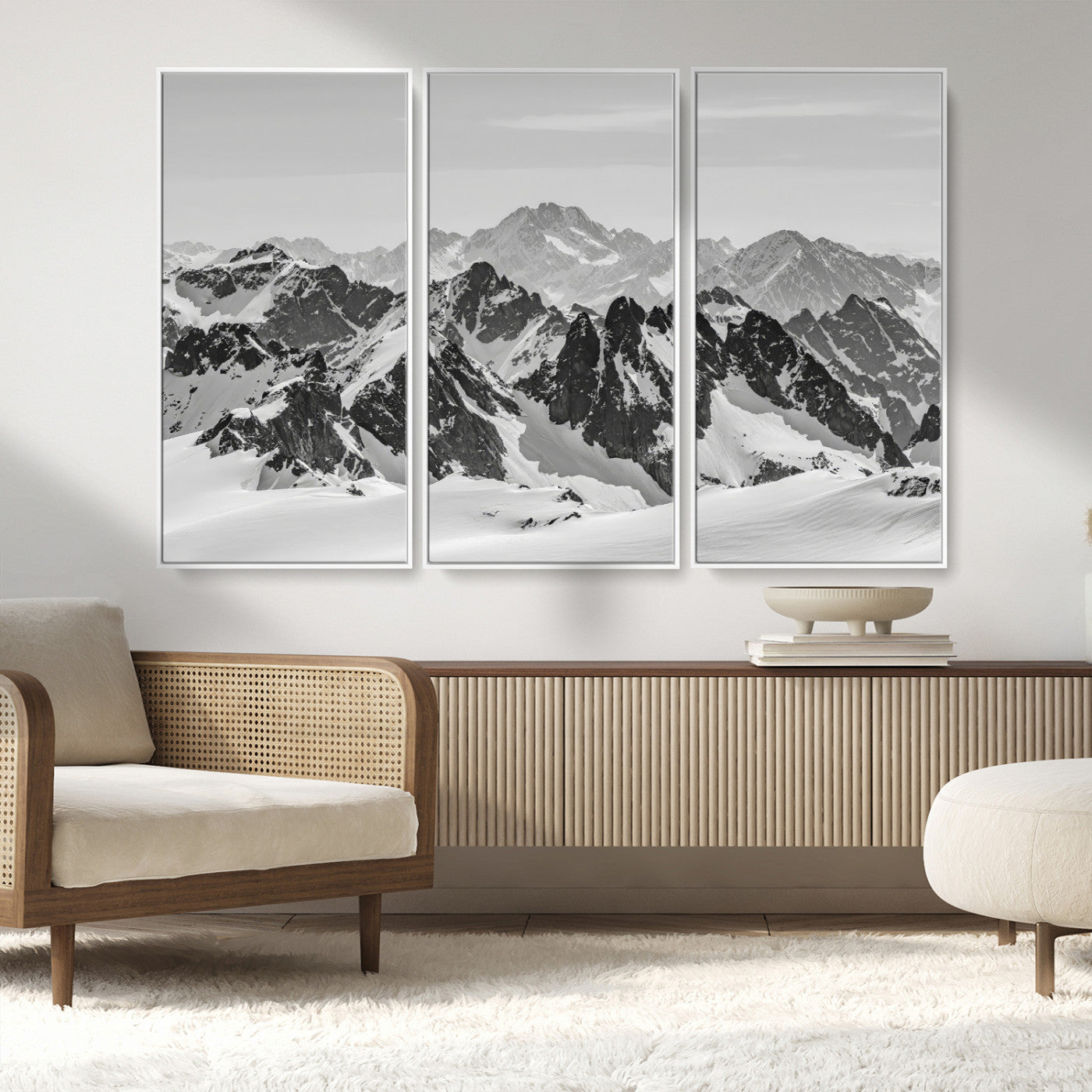 46884246-MGV-FC-48X32-3P_White-Snowy Mountain Wall Art Canvas Print, Framed Mountain Peaks Art Picture Print, Alpine Mountains Perfect Minimalist Alpine Decor