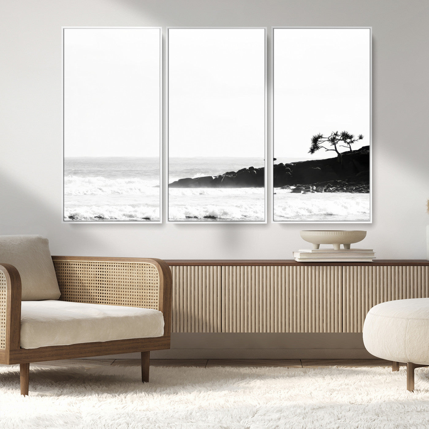 40875891-MGV-FC-48X32-3P_White-SurferCliffs Wall Art Canvas Print, Framed Black White Beach Art Picture Print, Ocean Waves Perfect Minimalist Coastal Decor