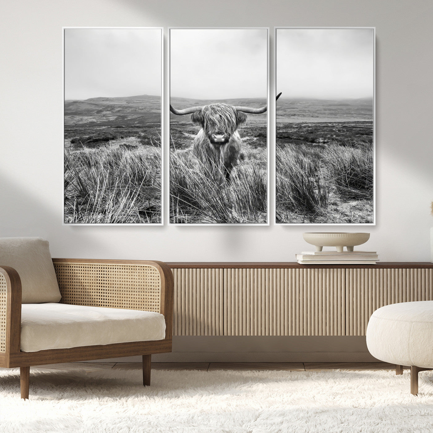 24051061-MGV-FC-48X32-3P_White-Monochrome Highland Cow Wall Art Canvas Print, Framed Scottish Bull Art Picture Print, Lone Cattle Perfect Rustic Farmhouse Decor