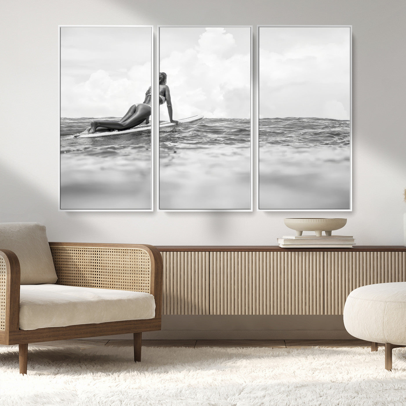 69798068-MGV-FC-48X32-3P_White-Black White Surfing Wall Art Canvas Print, Framed Ocean Horizon Art Picture Print, Surfer Girl Perfect Coastal Adventure Decor