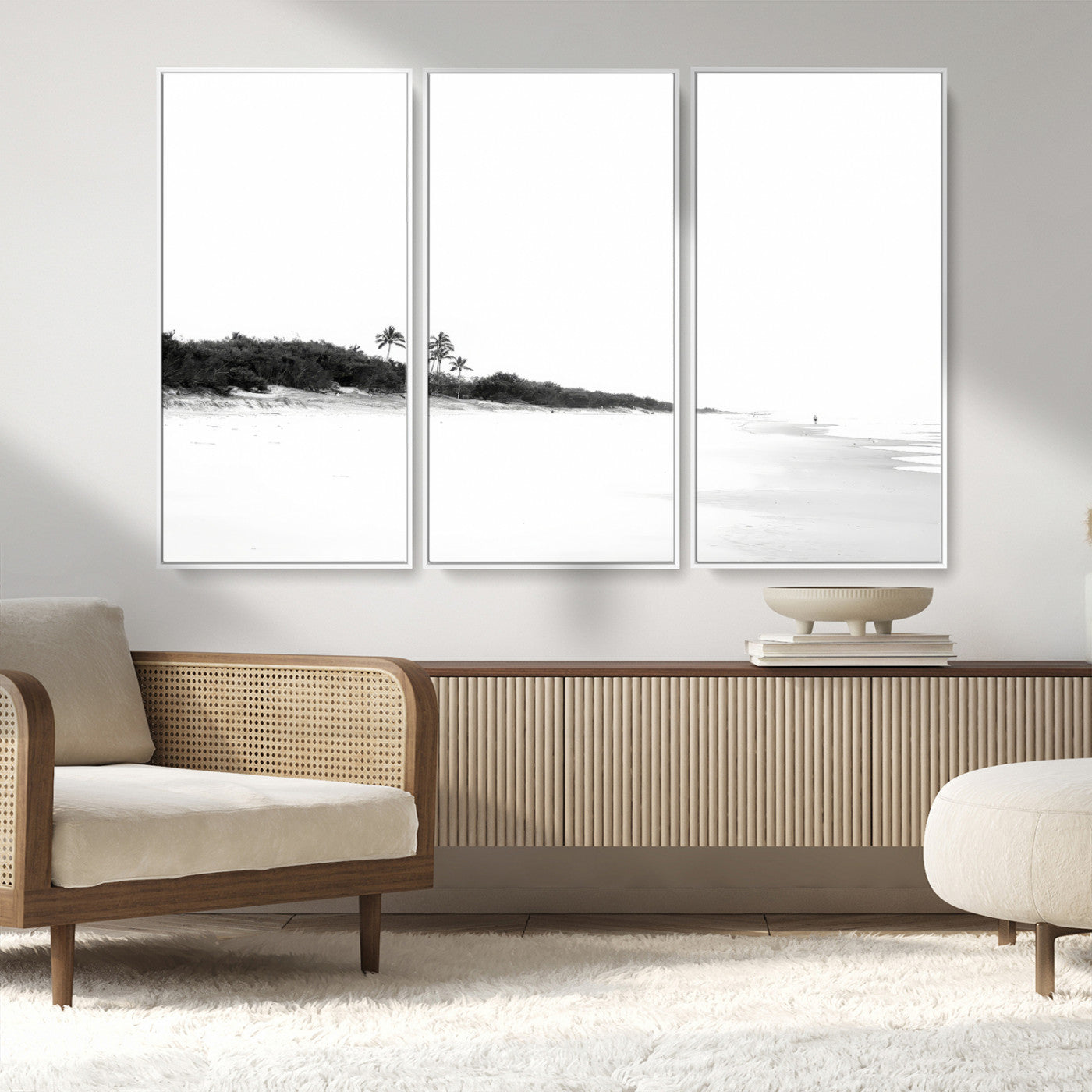 29611516-MGV-FC-48X32-3P_White-Black White Beach Wall Art Canvas Print, Framed Palm Trees Art Picture Print, Monochrome Tropical Perfect Minimalist Coastal Decor