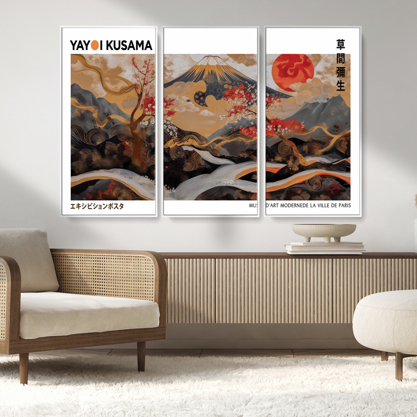40959107-MGV-CV-36X24-Japanese Fuji Wall Art Print – Red Sun & Cherry Blossom Poster, Gold Wave Ukiyo-e Inspired Modern Japan Landscape Painting,