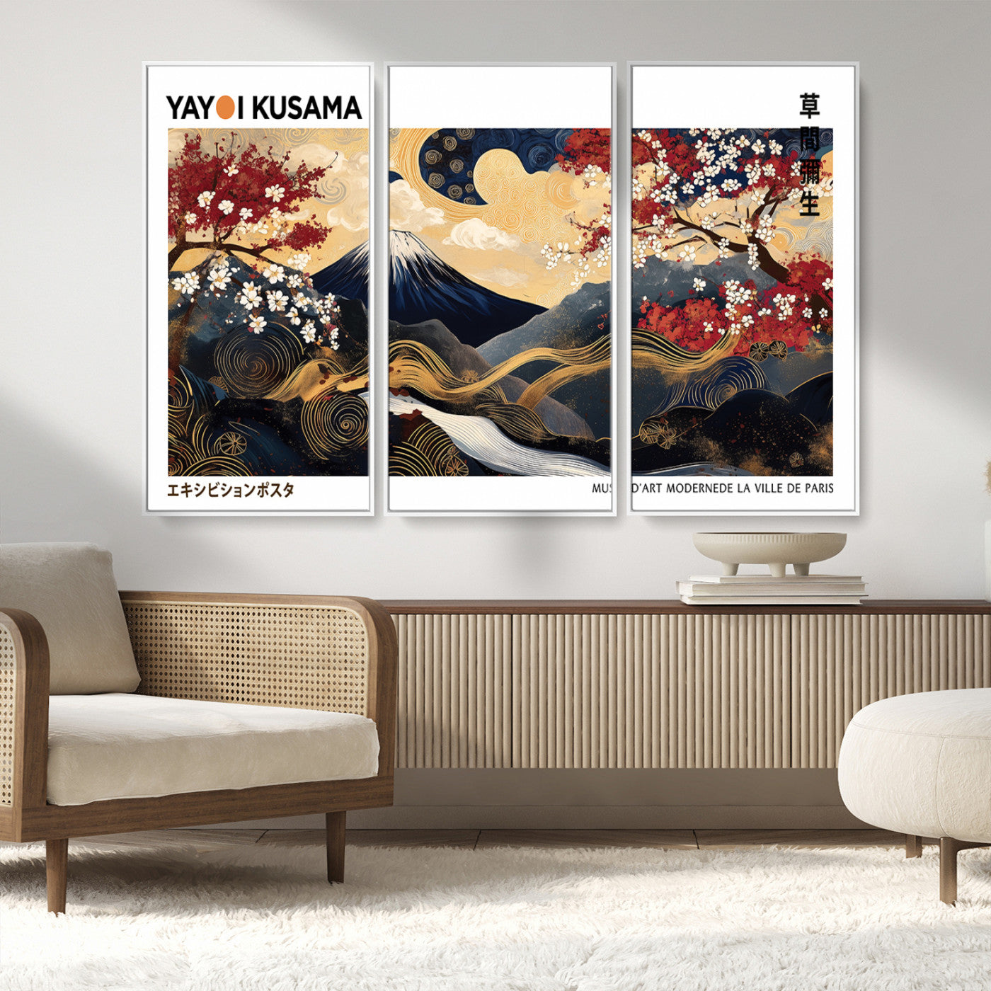 66243961-MGV-CV-36X24-Mount Fuji Japanese Wall Art – Golden Abstract Landscape Canvas Print, Cherry Blossom Painting, Modern Oriental Zen Home Decor
