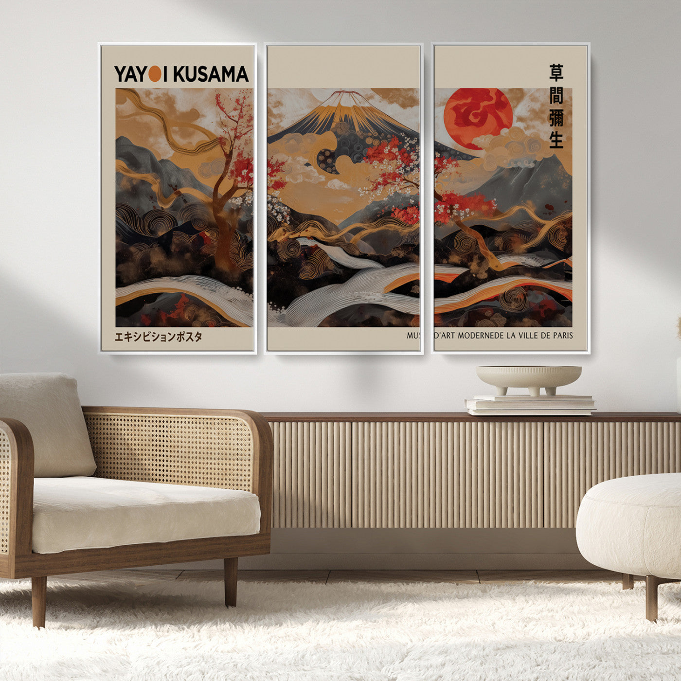 77970791-MGV-FC-48X32-3P_White-Mount Fuji Golden Abstract Wall Art – Japanese Landscape Canvas Poster, Cherry Blossom & Red Sun Painting, Elegant Zen Oriental