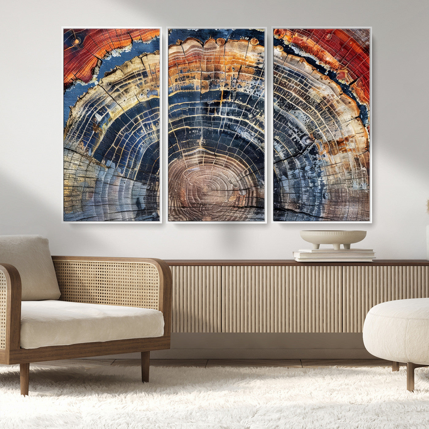 38987581-MGV-FC-48X32-3P_White-Tree Ring Art Wall Art Canvas Print, Framed Rustic Wall Decor Art Picture Print, Nature Grain Print Perfect Modern Rustic Decor