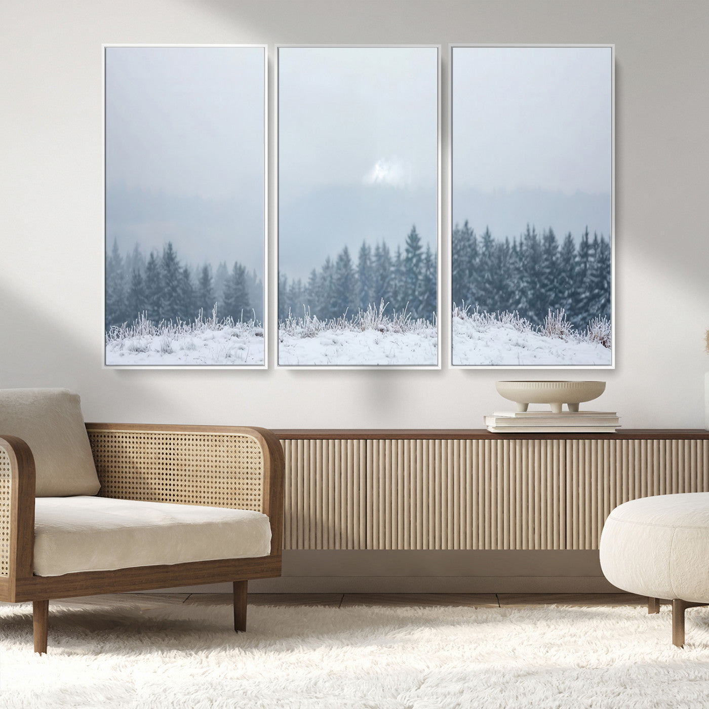 33033082-MGV-FC-48X32-3P_White-Winter Forest Art Wall Art Canvas Print, Framed Snowy Landscape Art Picture Print, Misty Tree Scene Perfect Nordic Minimalist