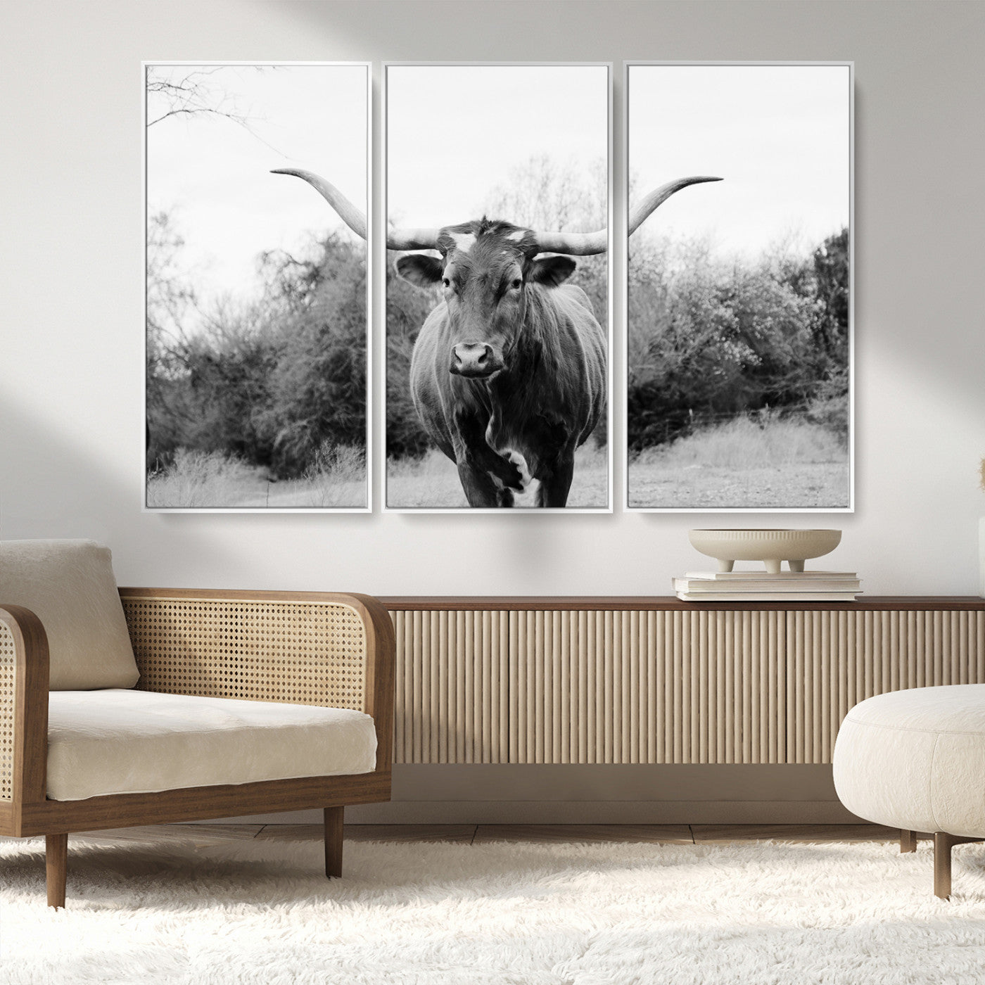 97280319-MGV-CV-36X24-Longhorn Photography Wall Art Canvas Print, Framed Western Cow Decor Art Picture Print, Texas Ranch Style Perfect Rustic Farmhouse