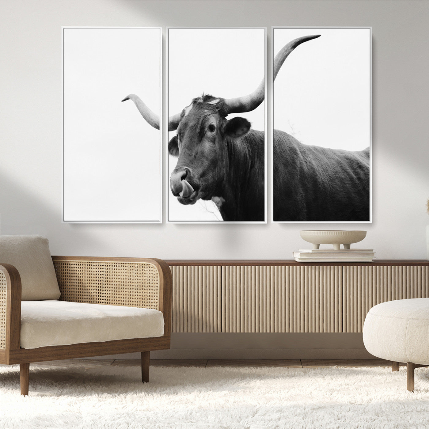 99244177-MGV-FC-48X32-3P_White-Longhorn Photography Wall Art Canvas Print, Framed Western Cow Decor Art Picture Print, Black White Bull Perfect Modern Rustic