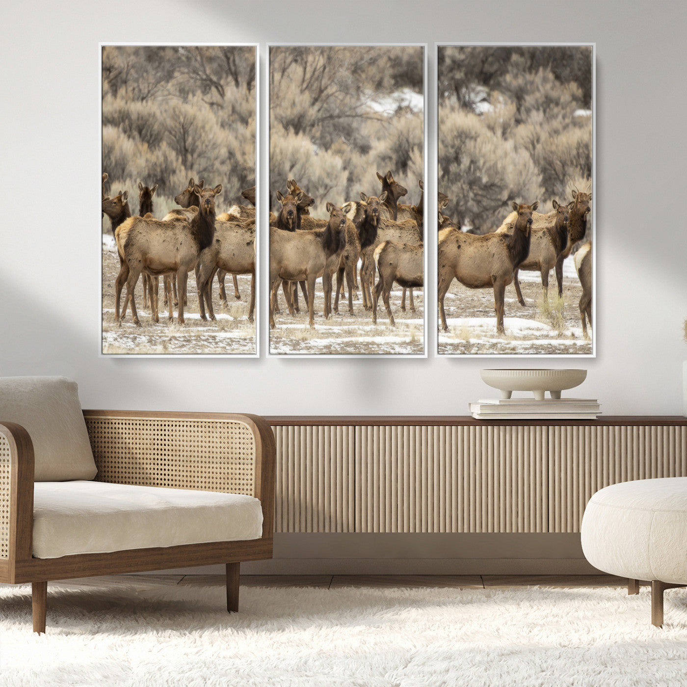 90269422-MGV-CV-36X24-Elk Herd Scene Wall Art Canvas Print, Framed Rustic Wildlife Decor Art Picture Print, Western Cabin Style Perfect Rustic Lodge