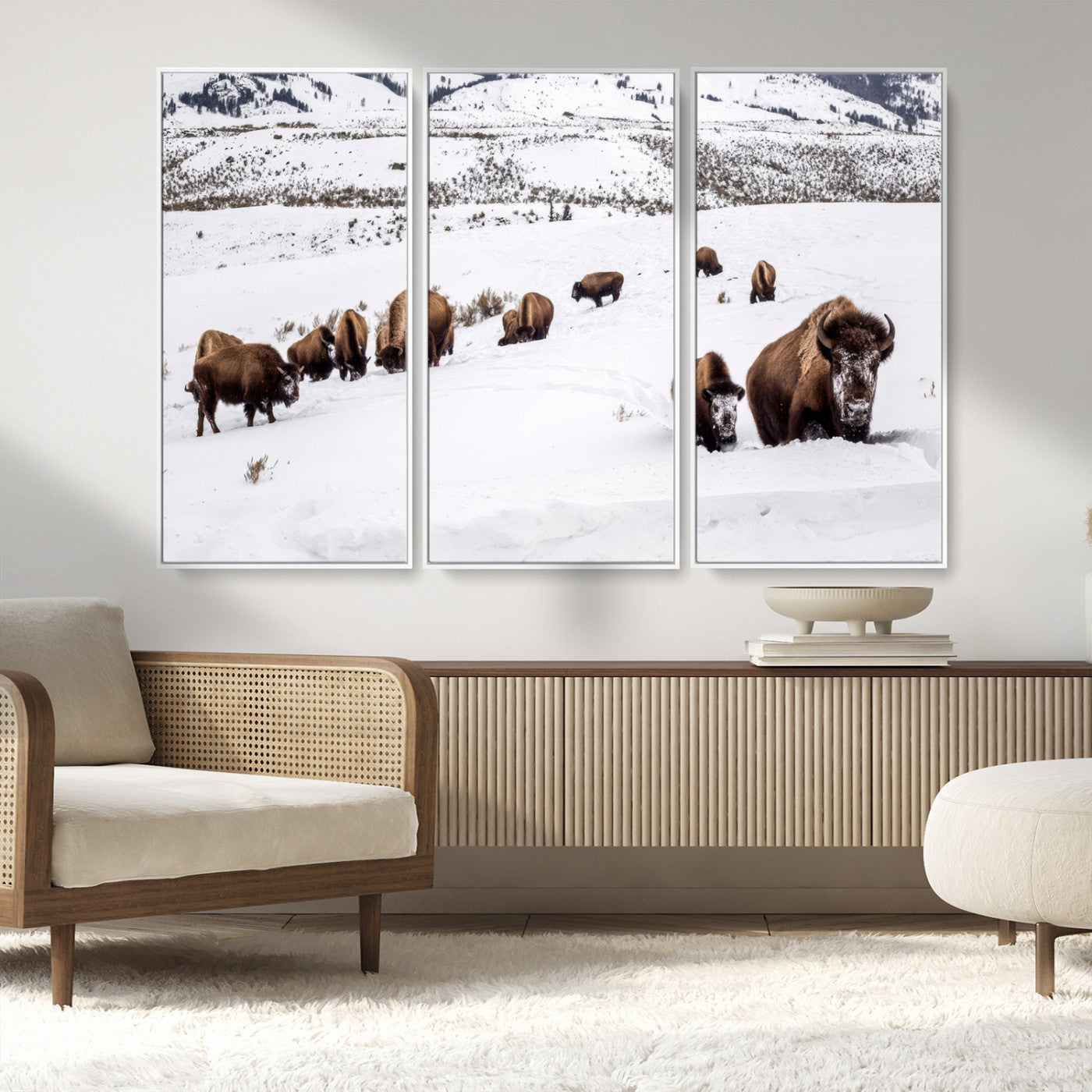 13891210-MGV-CV-36X24-Bison Herd Scene Wall Art Canvas Print, Framed Western Wildlife Decor Art Picture Print, Snowy Mountain Valley Perfect Rustic