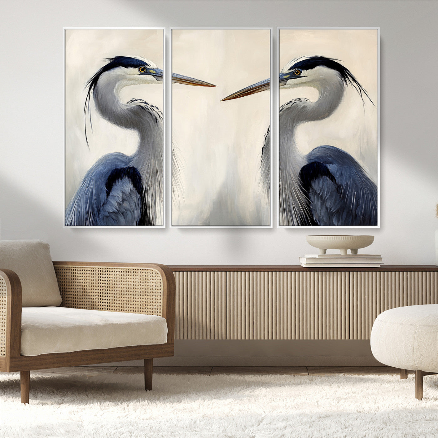 18230556-MGV-CV-36X24-Blue Heron Pair Wall Art Canvas Print, Framed Coastal Bird Theme Art Picture Print, Tranquil Wildlife Scene Perfect Coastal