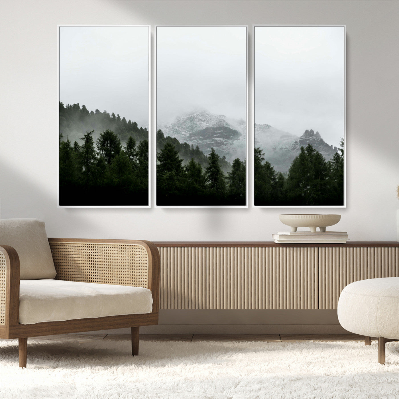 55968349-MGV-FC-48X32-3P_White-Misty Mountains Wall Art Canvas Print, Framed Foggy Forest Art Picture Print, Snowy Peaks Perfect Moody Wilderness Decor Artwork