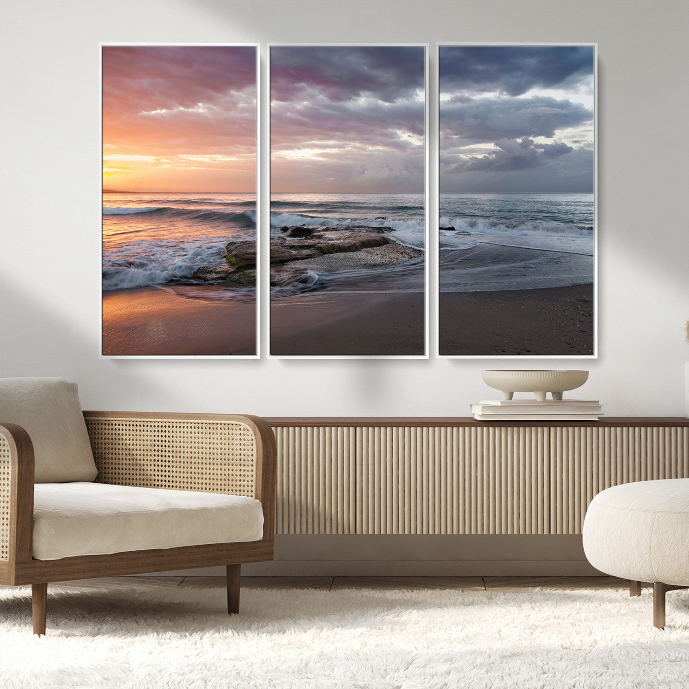 94208089-MGV-CV-36X24-Golden Hour Wall Art Canvas Print, Framed Tranquil Waves Art Picture Print, Beach Horizon Perfect Coastal Serenity Decor Artwork