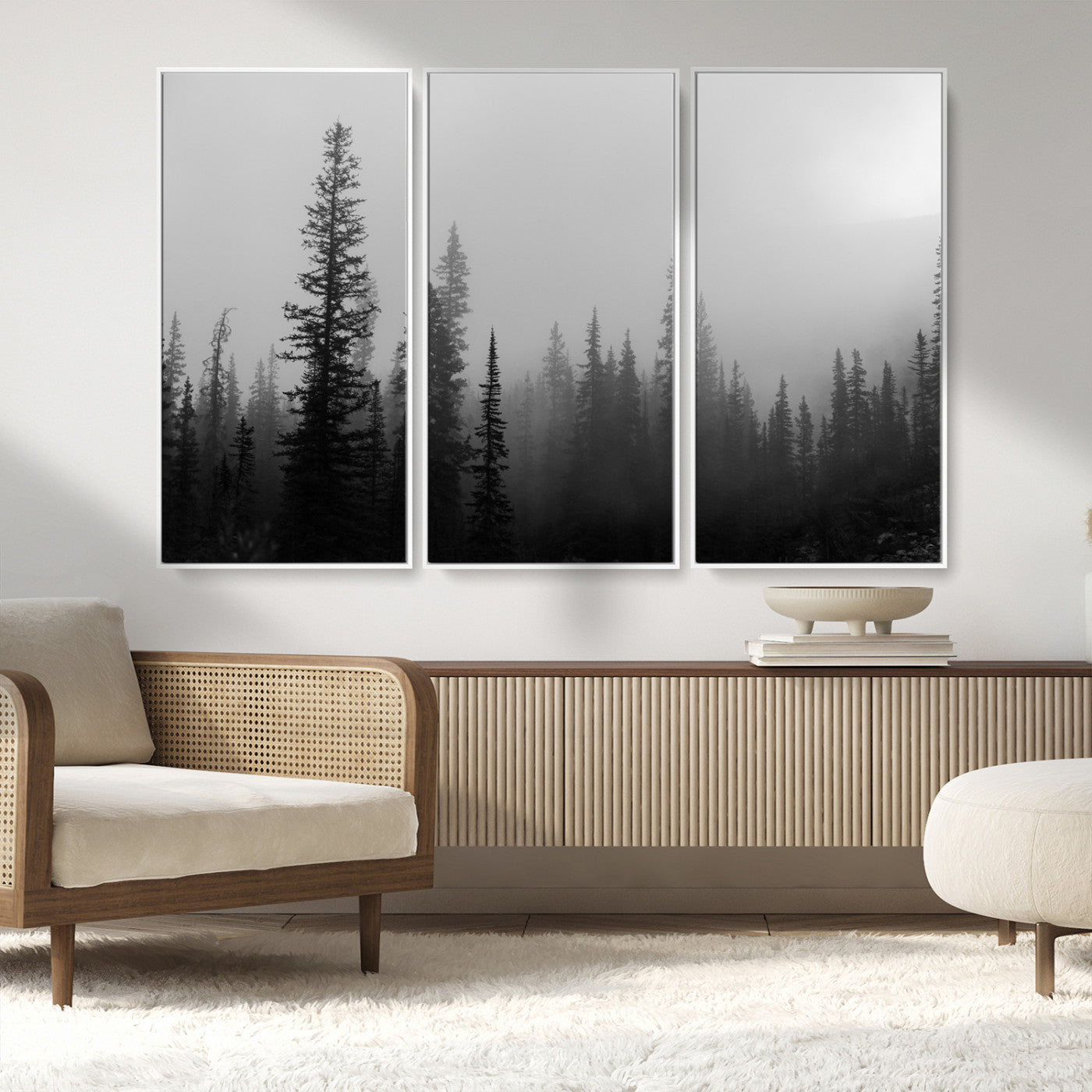 73138900-MGV-CV-36X24-Misty Pines Wall Art Canvas Print, Framed Woodland Photography Art Picture Print, Minimalist Decor Perfect Modern Rustic Decor