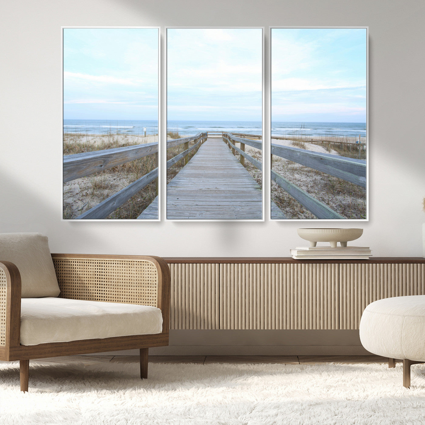 31602988-MGV-CV-36X24-Beach Boardwalk Wall Art Canvas Print, Framed Coastal Serenity Art Picture Print, Ocean View Perfect Coastal Minimalist Decor