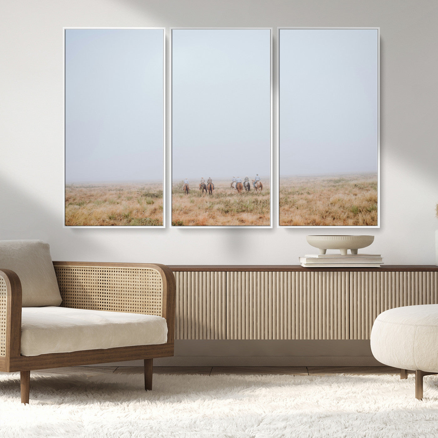 14761944-MGV-FC-48X32-3P_White-Foggy Plains Wall Art Canvas Print, Framed Horseback Riders Art Picture Print, Rustic Western Perfect Rustic Western Decor Artwork